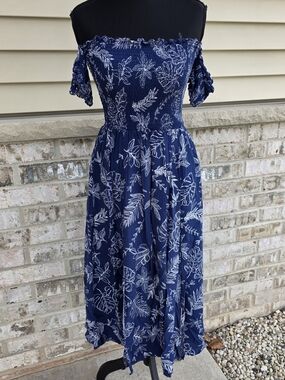 Boho Off Shoulder Smocked Midi Dress Blue Floral Cottagecore